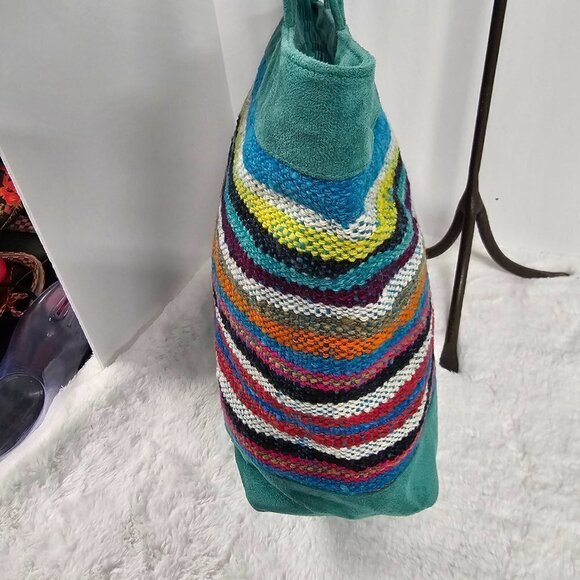 Sumac Qhantaty Green Serape Tapestry Faux Suede Boho Southwestern Tote - Picture 2 of 15